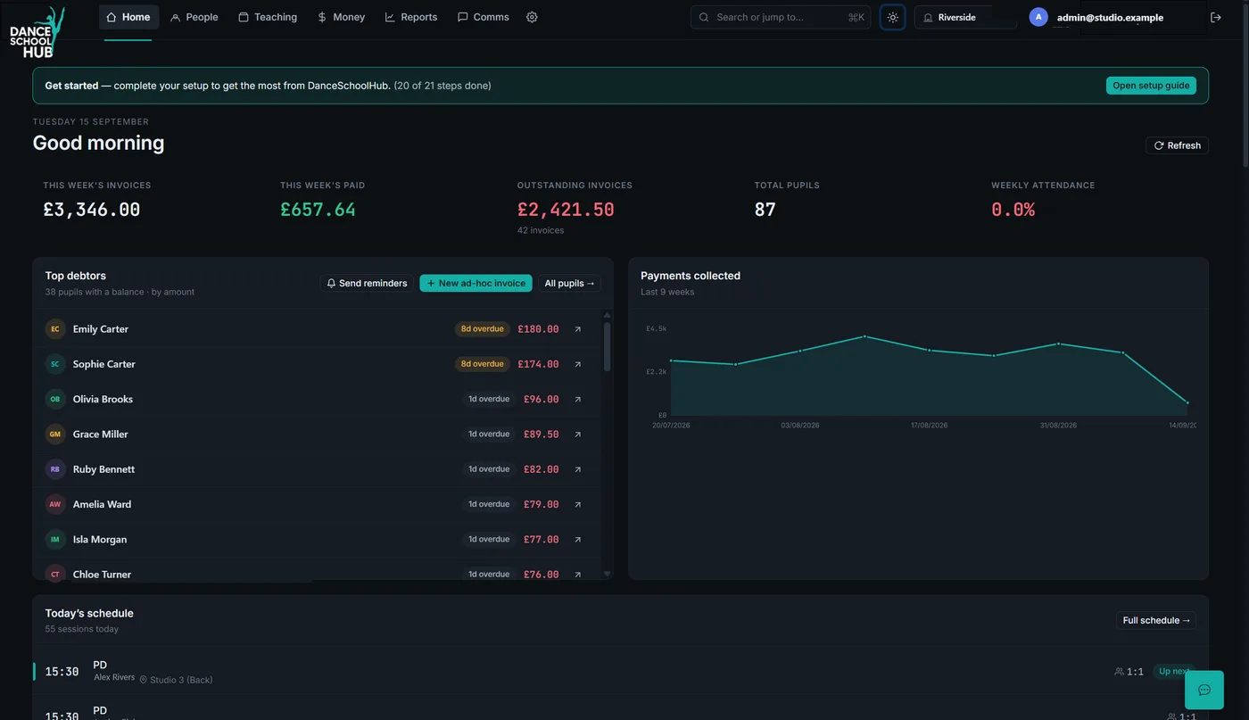 DanceSchoolHub studio dashboard