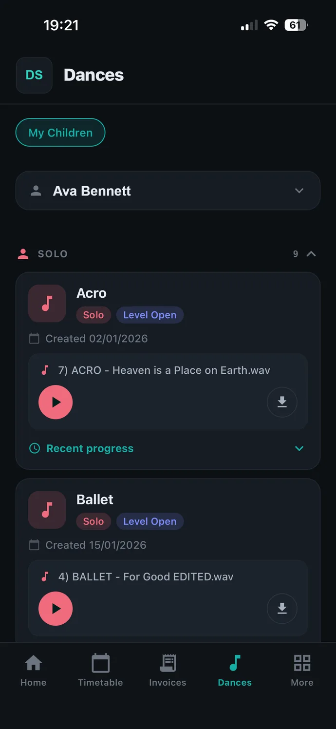 Parent app dances and music screen